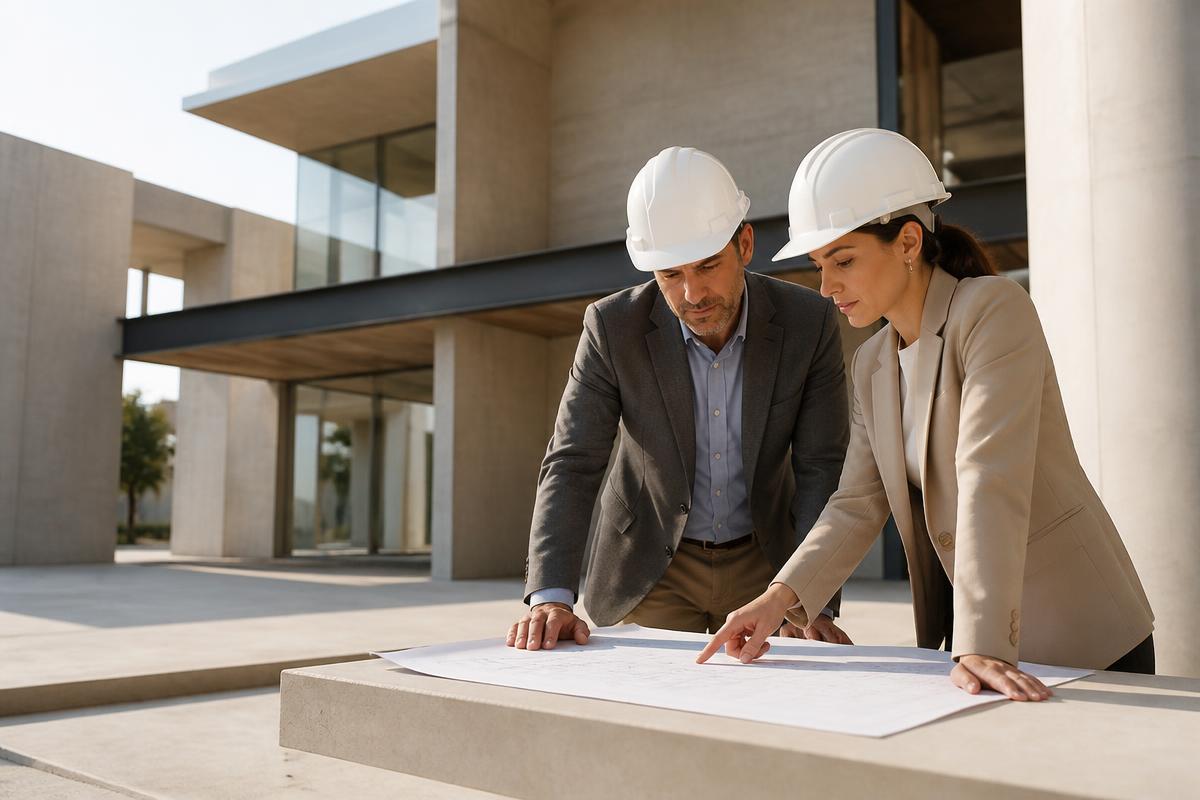Construction consultants reviewing building plans on site